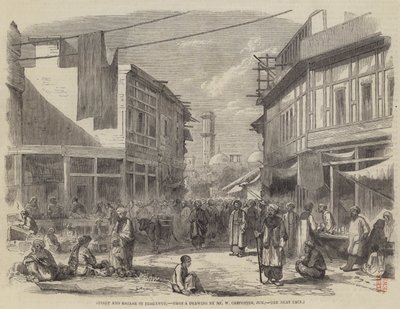 Straat en bazaar in Peshawur door William Carpenter